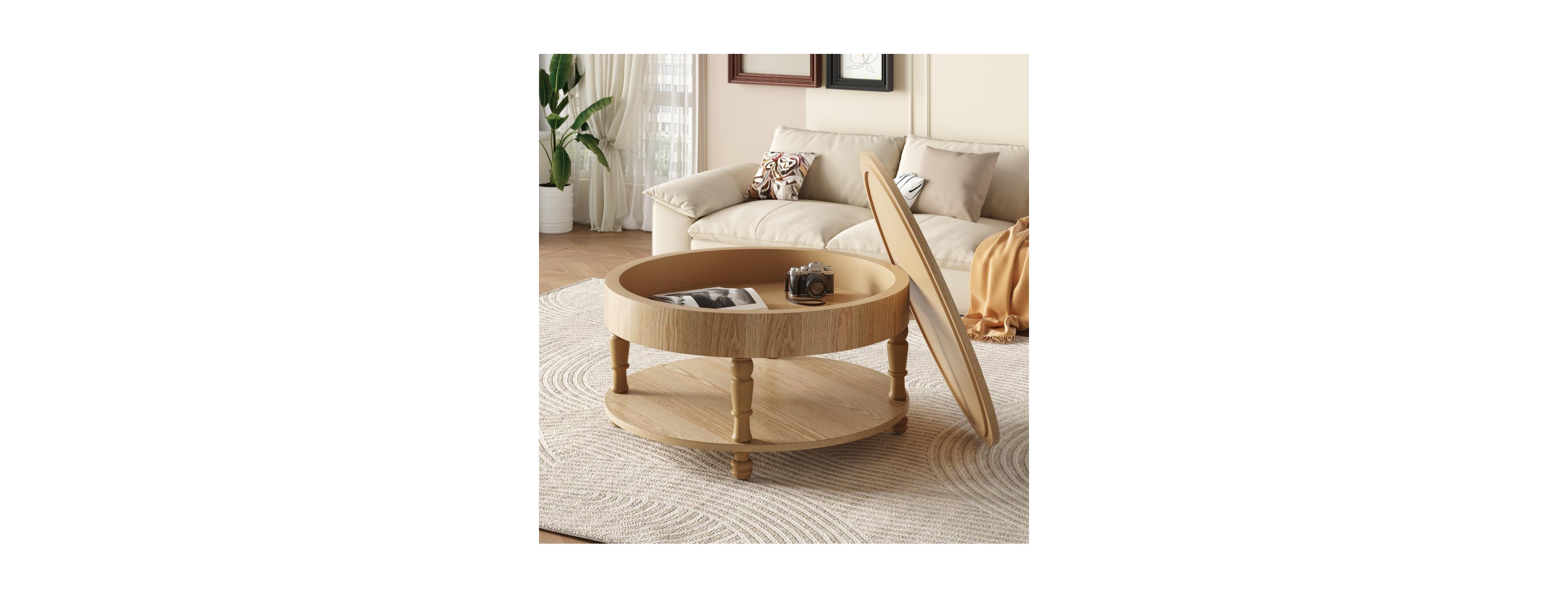 Streamdale Furniture Coffee Table with Dual Storage, 31.5" Modern Round Table (Natural Wood