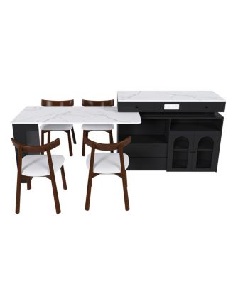  Kitchen Island Set with 4 Chairs, Extendable & Rotating Table, MDF Marble Veneer