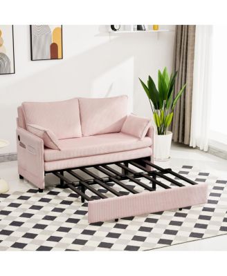 55" Convertible Sofa Bed with USB Ports, Modern Corduroy Couch, Pink