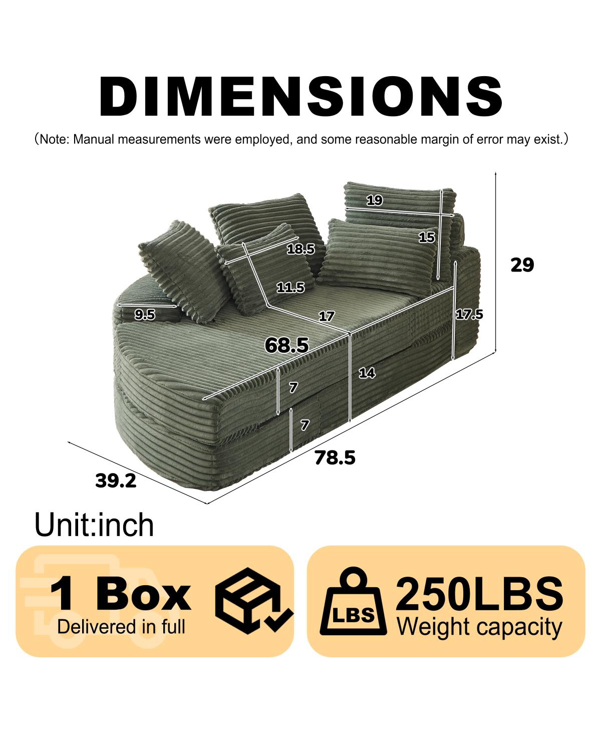 Streamdale Furniture 78.5-Inch Corduroy Semi-Circular 2-in-1 Sofa Bed with Neck Pillow & 5 Throw Pillows