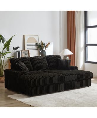  84" Corduroy 3-Seater Sofa w/ Pillows, Ottomans, Storage & Cup Holders