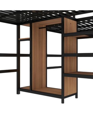 Twin Over Twin Metal Loft Bed with Double Desk, Wardrobe, Shelves & Outlet