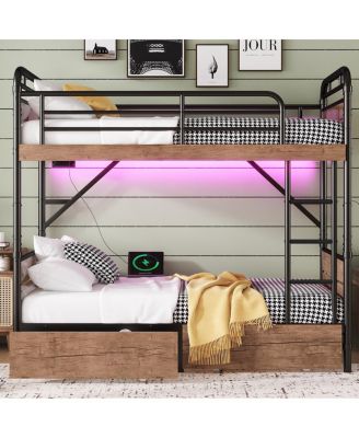 Twin XL over Twin XL Metal Bunk Bed with LED & Charge Station, 2 Drawers