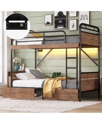 Twin XL over Twin XL Metal Bunk Bed with LED & Charge Station, 2 Drawers