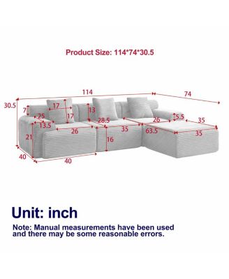 Streamdale 114-inch Corduroy Modular Sofa with Inlaid Design, 3 Pillows, Wider Backrest, 4 Modules.