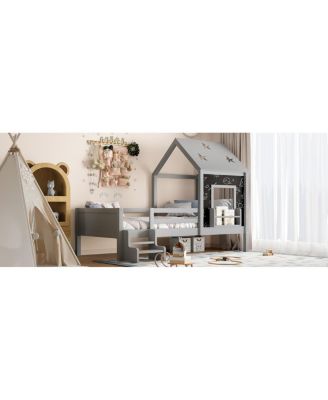 Twin House Bed with Stairs, Window, Bookcase, Blackboard, Star Roof