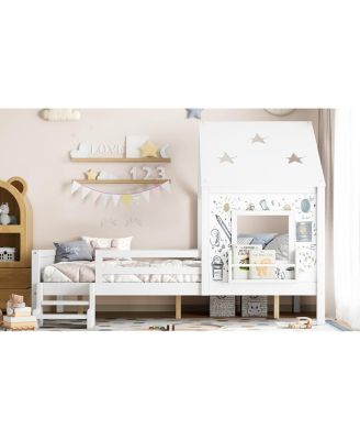 Full House Bed with Low-Profile Stairs, Window, Bookcase, Blackboard, Star Roof