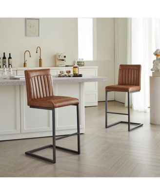 Faux Leather Bar Stool - 26-Inch Tufted, Black Metal Frame (2 Sets)