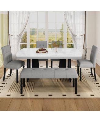 Modern Tufted Linen Dining Bench with Black Rubber Wood Legs