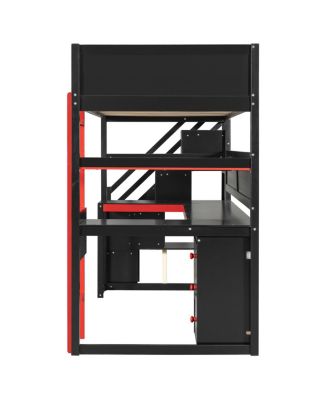 Twin Gaming Loft Bed with Storage Stairs, Desk, Shelves & Pegboard