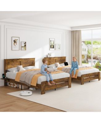 Farmhouse Queen Bed Frame w/ Storage Shelf, LED Lights & Charging Station