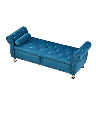 62.2" Soft Velvet Storage Bench with Crystal Buttons & Pillow