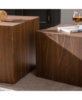 Walnut Nesting Cube Coffee Table Set - Modern MDF Wood Grain Side Tables