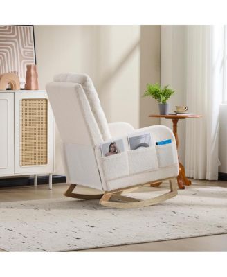 Modern Accent Rocking Chair with Solid Wood Legs & Side Pocket