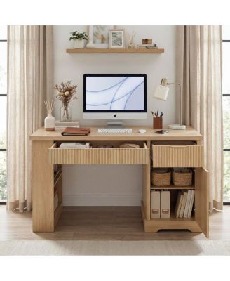 55" Modern Fluted Office Desk with Storage, Drawers, Power Outlet & Shelves