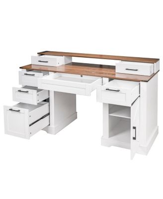 Farmhouse Office Desk with Charging Station & Storage Cabinet