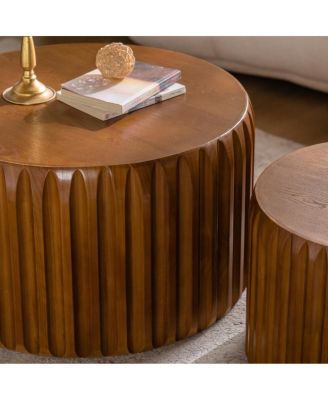 Set of 2 Fluted Round Coffee Tables - Solid Wood Nesting Center Table (26.77"/19.69")