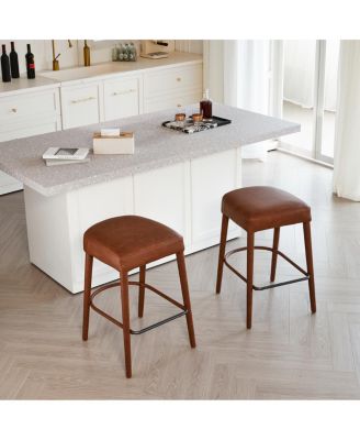 Counter Height Backless Brown Faux Leather Bar Stool - Padded Seat, Metal Legs (2 Sets)