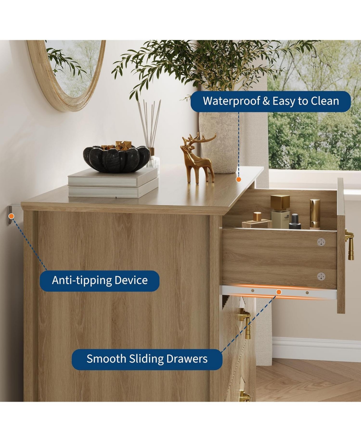 gaomon 43" Tall Fluted Dresser, 5 Drawer Modern Wood Storage Chest for Living Room or Entryway