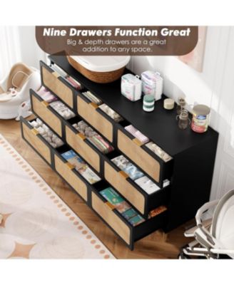 Rattan 9 Drawer Dresser for Bedroom, Tall Chest of Drawers with Deep Storage and Wide Top