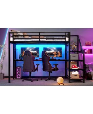 Full Loft Bed with Desk, Storage Stairs, LED Lights & USB Ports