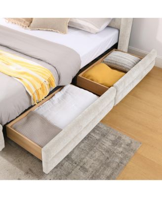 Queen Size Chenille Upholstered Bed Frame with Storage Drawer - Beige