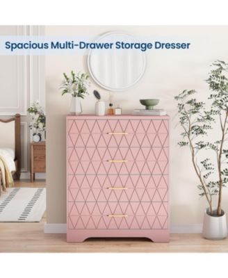 4-Drawer Wooden Dresser for Bedroom, Tall Chest of Drawers with Gold Handles & Storage, Pink