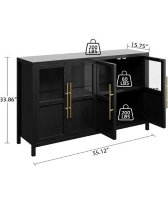 55" Buffet Cabinet with 4 Glass Doors, Modern Farmhouse Sideboard with Storage, Black