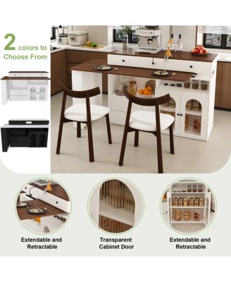 Kitchen Island Set with 2 Chairs, Extendable Rotating Table, 4 Drawers & Cabinets