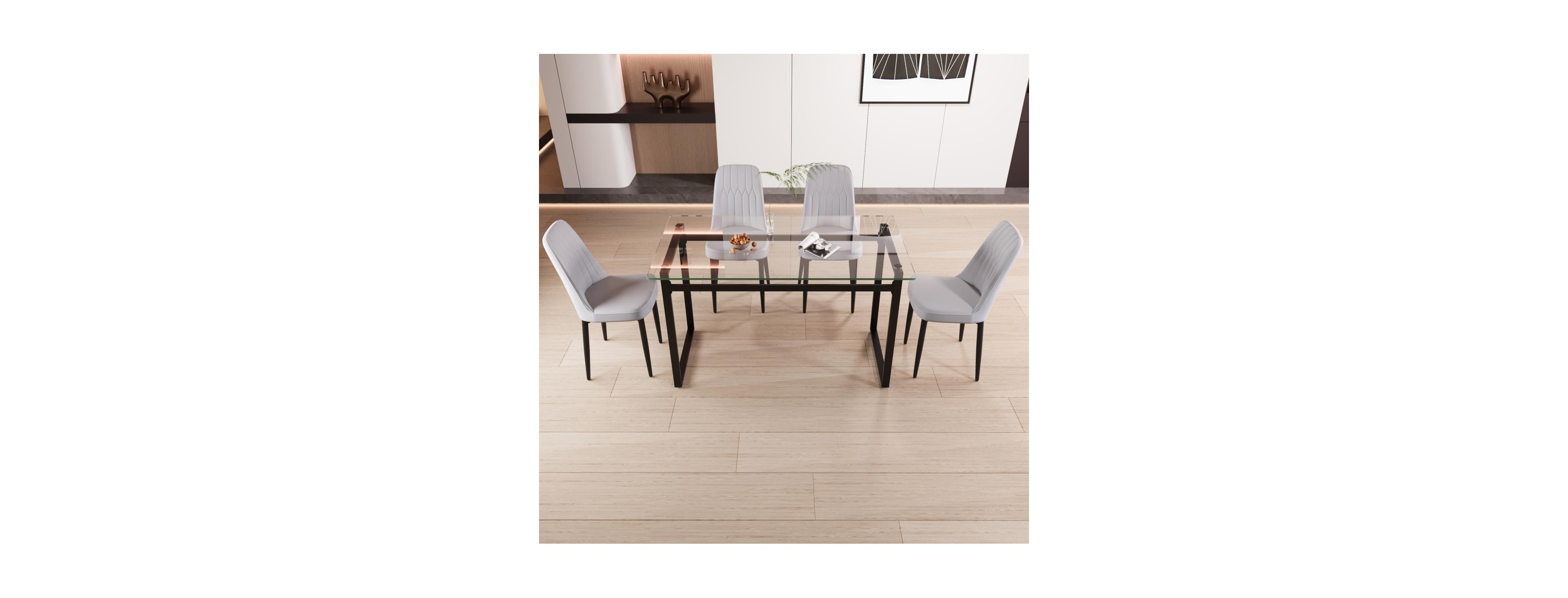Streamdale Furniture 51" 4-person glass dining table set with Black metal legs & cushioned chairs.