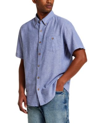 Men's Short-Sleeve Button Down Linen Cotton Vertical Dobby Striped Shirt