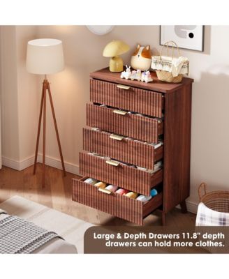 Fluted Dresser for Bedroom, 5 Deep Drawer Modern Wood Storage Chest