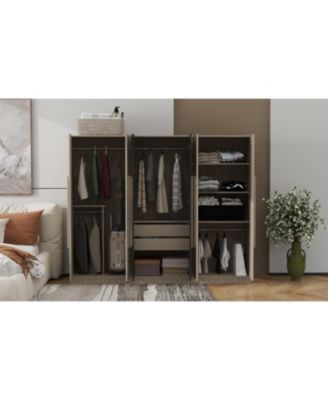6-Doors Wooden Wardrobe Storage for Bedroom,with 2 Drawers Inside,Black+Nature