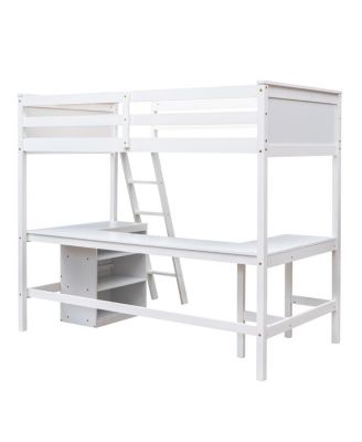 Twin size Loft Bed with Shelves and Desk, Wooden Loft Bed with Desk