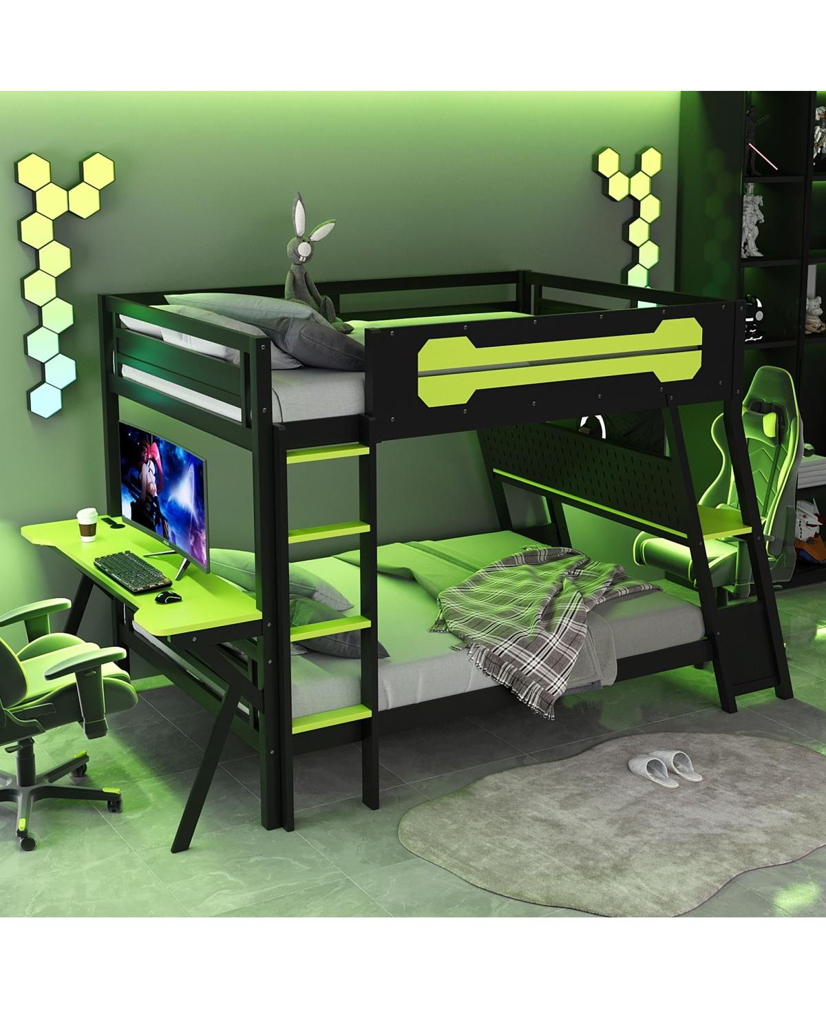 Streamdale Furniture Bunk Bed with Two Gaming Desks & Usb Ports - Green