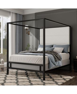 Modern Canopy Bed with Linen Upholstered Headboard