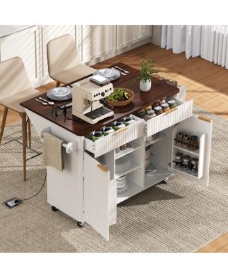 Streamdale 52" Fluted Kitchen Island with Drop Leaf, Power Outlet & Storage Cart