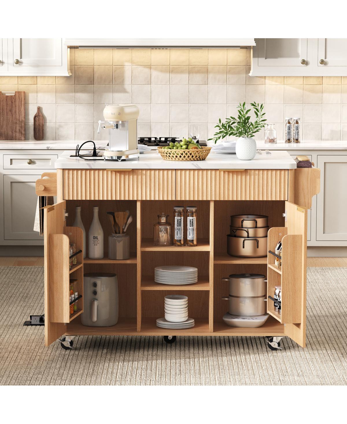 Streamdale 52" Fluted Kitchen Island with Drop Leaf, Power Outlet & Storage Cart