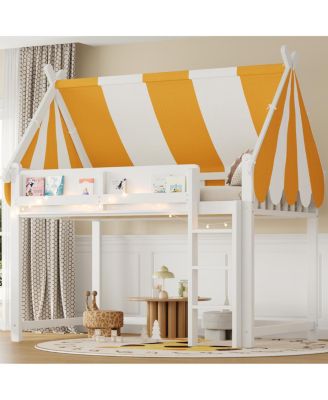 Full Size Loft Bed with Canopy, LED Lights & Book Shelf