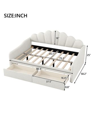 Full Size Upholstery Daybed with Scalloped Backrest and 2 Drawers