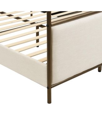 Canopy Bed Frame With Linen Upholstered Headboard, Iron Legs