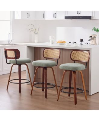  Set of 3, 26-Inch Counter Height Bar Stools - Walnut Black, Cane Rattan, Green Linen Seat