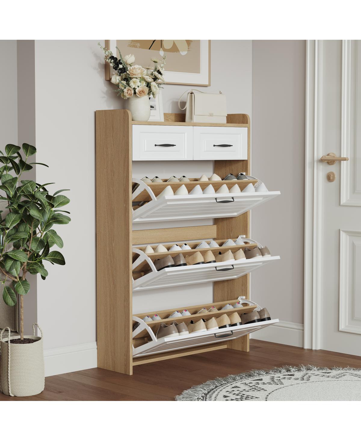 Streamdale FurnitureWhite + Oak 3-Door 2-Drawer Shoe Cabinet with Large Storage