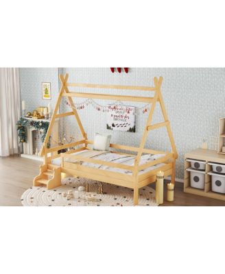 Twin House Platform Bed with Stairs, Solid Wood Twin Bed Frame, Low Profile