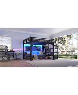  Queen Loft Bed with Storage Stairs, Shelves, Wardrobe, USB, LED, Black Woodgrain