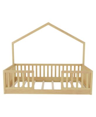  Twin Floor Bed with High Rails, Wooden Montessori Bed with Light for Kids