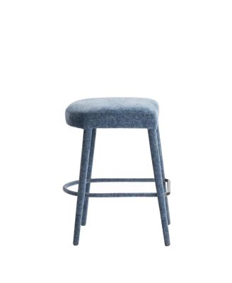 Backless Blue Upholstered Fabric Bar Stool with Padded Seat & Footrest