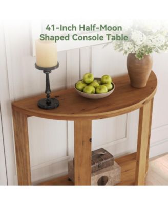 Solid Wood Half-Moon Console Table for Entryway, 41.3" Farmhouse Small Hallway Entry Accent Table with 2-Tier Storage
