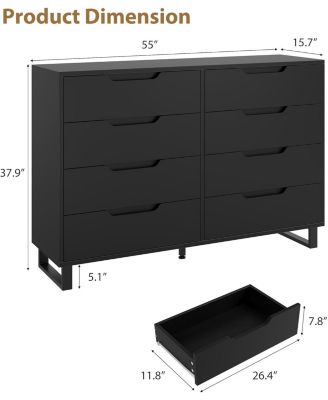 Farmhouse TV Stand with 8 Drawers, 55" Wide Entertainment Center for TVs up to 75 Inch with Metal Legs, Black
