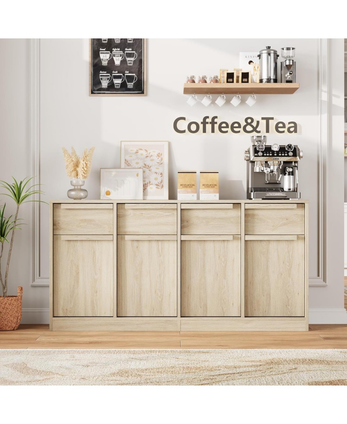 gaomon 62.4" Sideboard Buffet Cabinet with 4 Drawers, Large Modern Coffee Bar Storage Cabinet, Beige